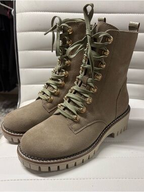 Anker Taupe Suede Lace-Up Combat Boots with Gold Hardware Boutique Boots